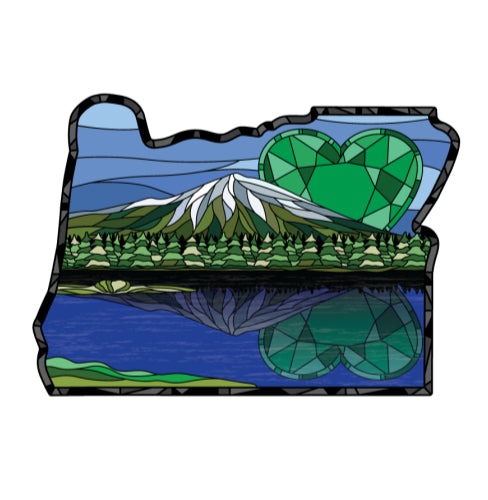 Sticker | Heart in Oregon Mountain | Stained Glass Mountain Geen Heart Label Decal